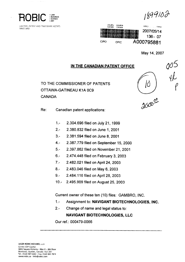 Canadian Patent Document 2482021. Assignment 20070514. Image 1 of 6