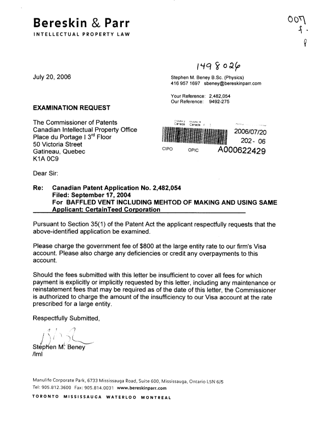 Document de brevet canadien 2482054. Poursuite-Amendment 20060720. Image 1 de 1