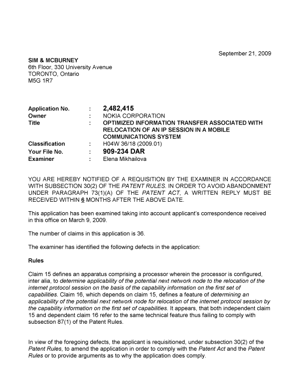 Document de brevet canadien 2482415. Poursuite-Amendment 20090921. Image 1 de 2