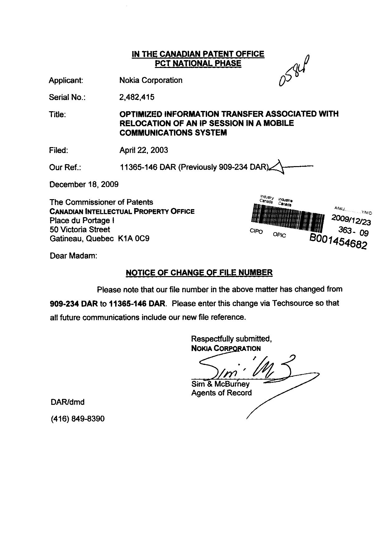 Canadian Patent Document 2482415. Correspondence 20091223. Image 1 of 1