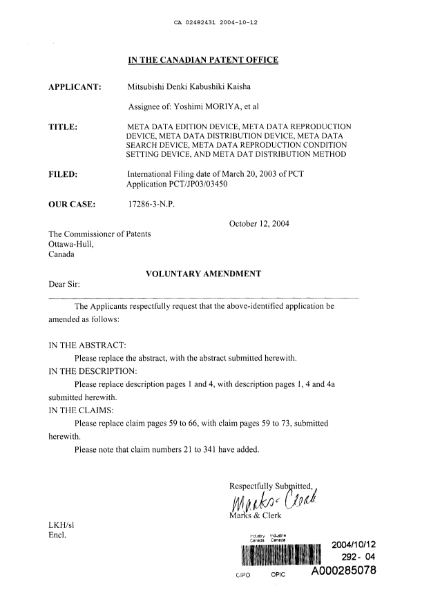 Document de brevet canadien 2482431. Poursuite-Amendment 20041012. Image 1 de 20