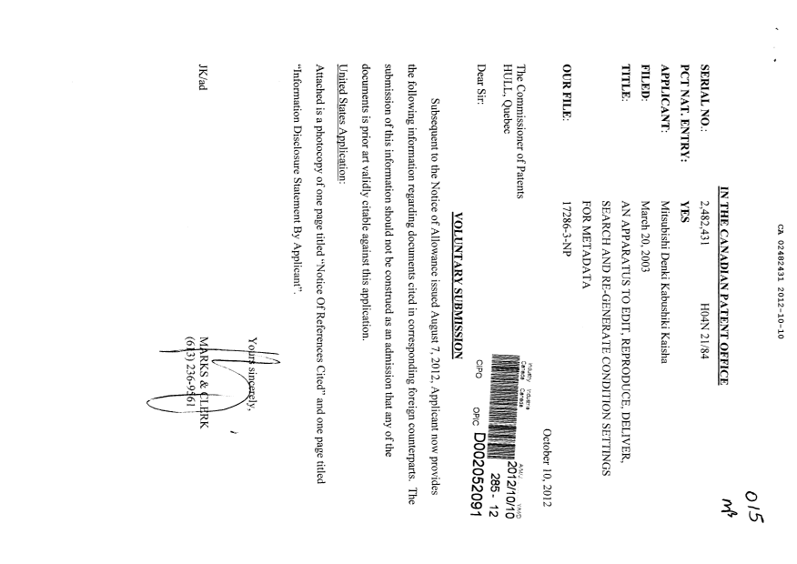 Canadian Patent Document 2482431. Prosecution-Amendment 20121010. Image 1 of 1