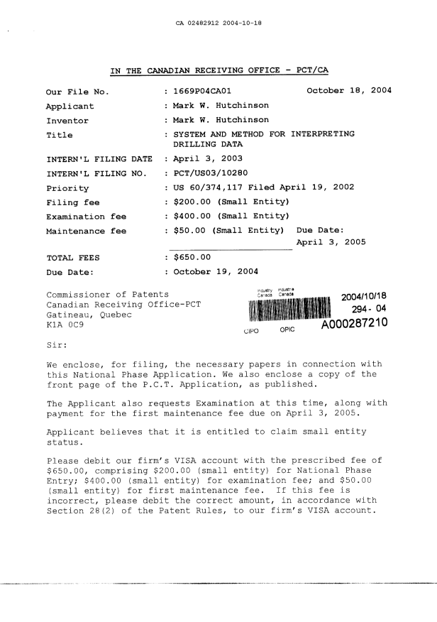 Document de brevet canadien 2482912. Cession 20041018. Image 1 de 4