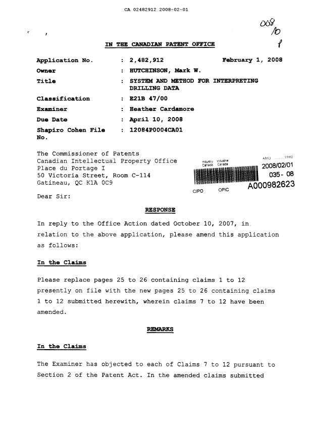 Document de brevet canadien 2482912. Poursuite-Amendment 20080201. Image 1 de 4