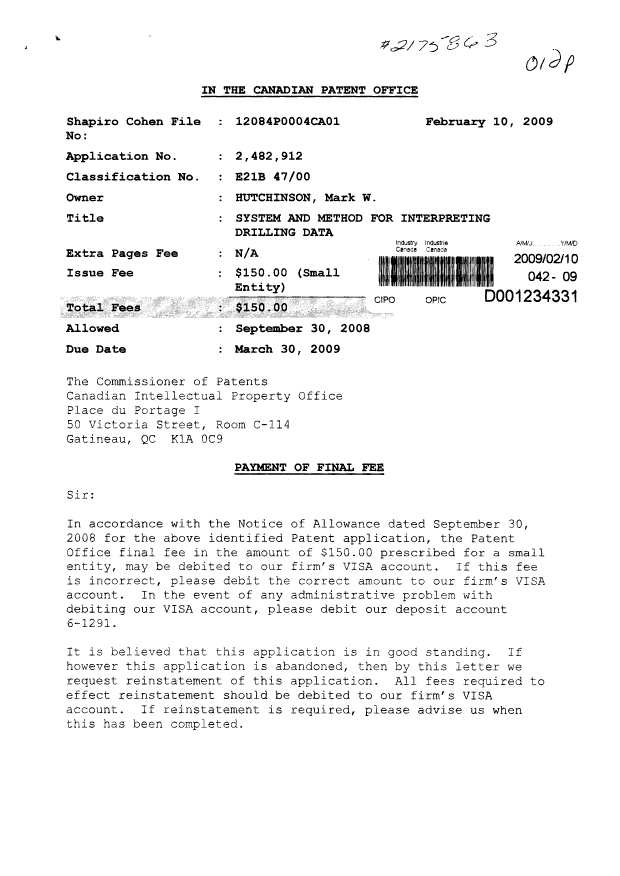 Document de brevet canadien 2482912. Correspondance 20090210. Image 1 de 2