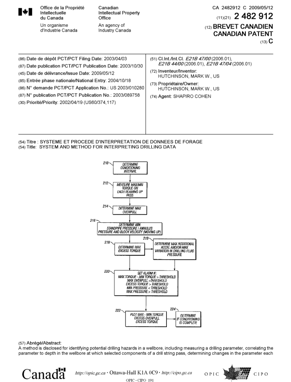 Document de brevet canadien 2482912. Page couverture 20090422. Image 1 de 2