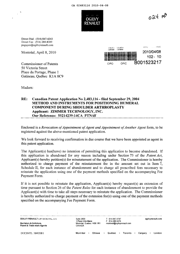 Document de brevet canadien 2483116. Correspondance 20100408. Image 1 de 3