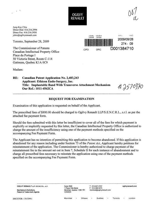 Canadian Patent Document 2483243. Prosecution-Amendment 20090928. Image 1 of 2