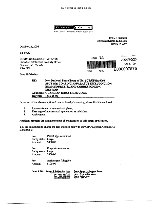 Canadian Patent Document 2483260. Assignment 20031225. Image 1 of 12