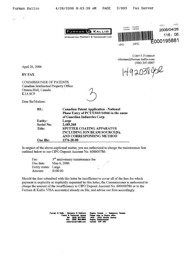 Document de brevet canadien 2483260. Taxes 20060426. Image 1 de 3