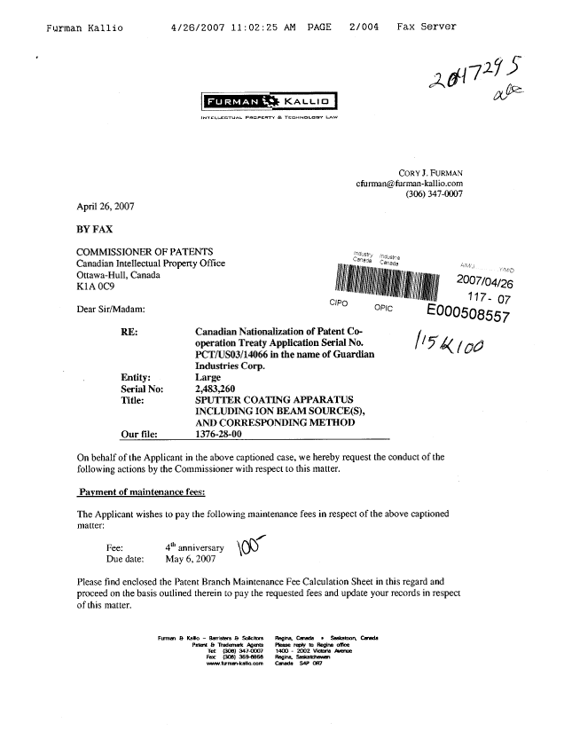 Canadian Patent Document 2483260. Fees 20061226. Image 1 of 4