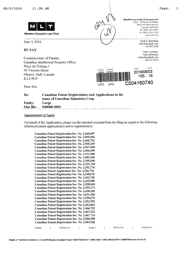 Document de brevet canadien 2483260. Correspondance 20151203. Image 1 de 7