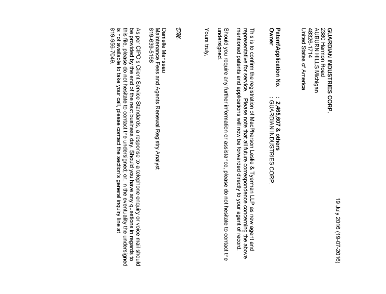 Document de brevet canadien 2483260. Lettre du bureau 20160719. Image 1 de 6