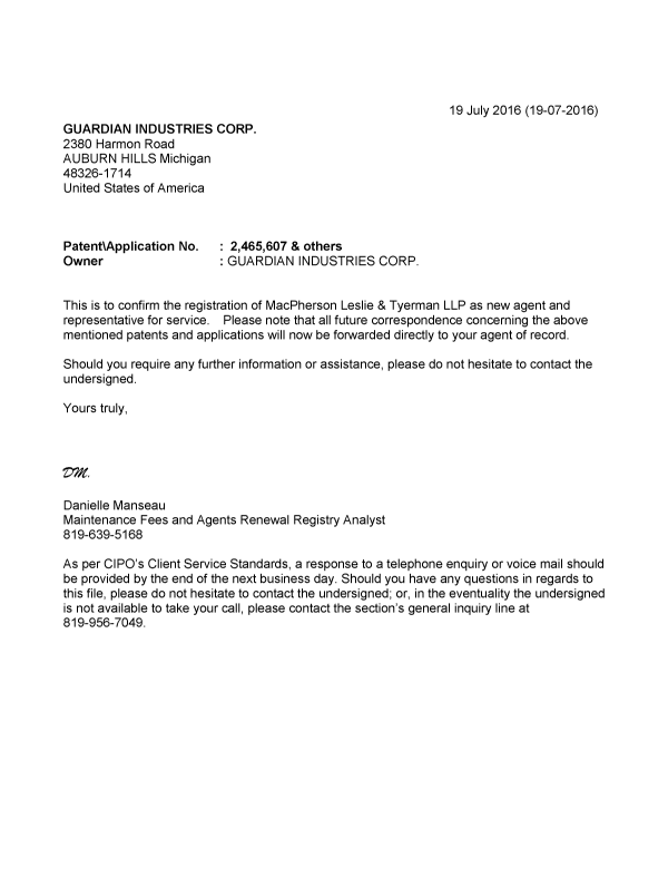 Document de brevet canadien 2483260. Lettre du bureau 20160719. Image 6 de 6