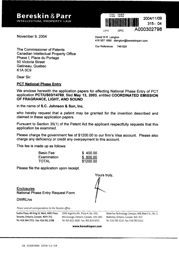 Document de brevet canadien 2483684. Cession 20041109. Image 1 de 3