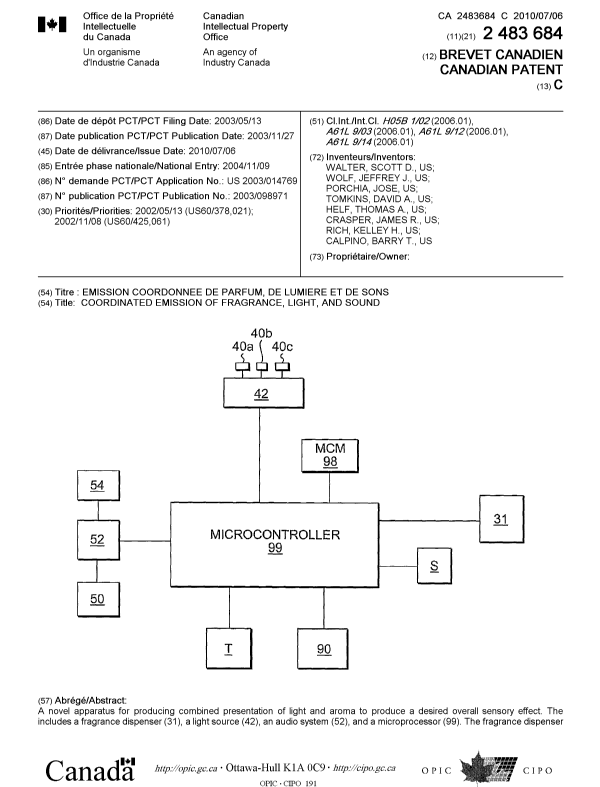 Document de brevet canadien 2483684. Page couverture 20100614. Image 1 de 2