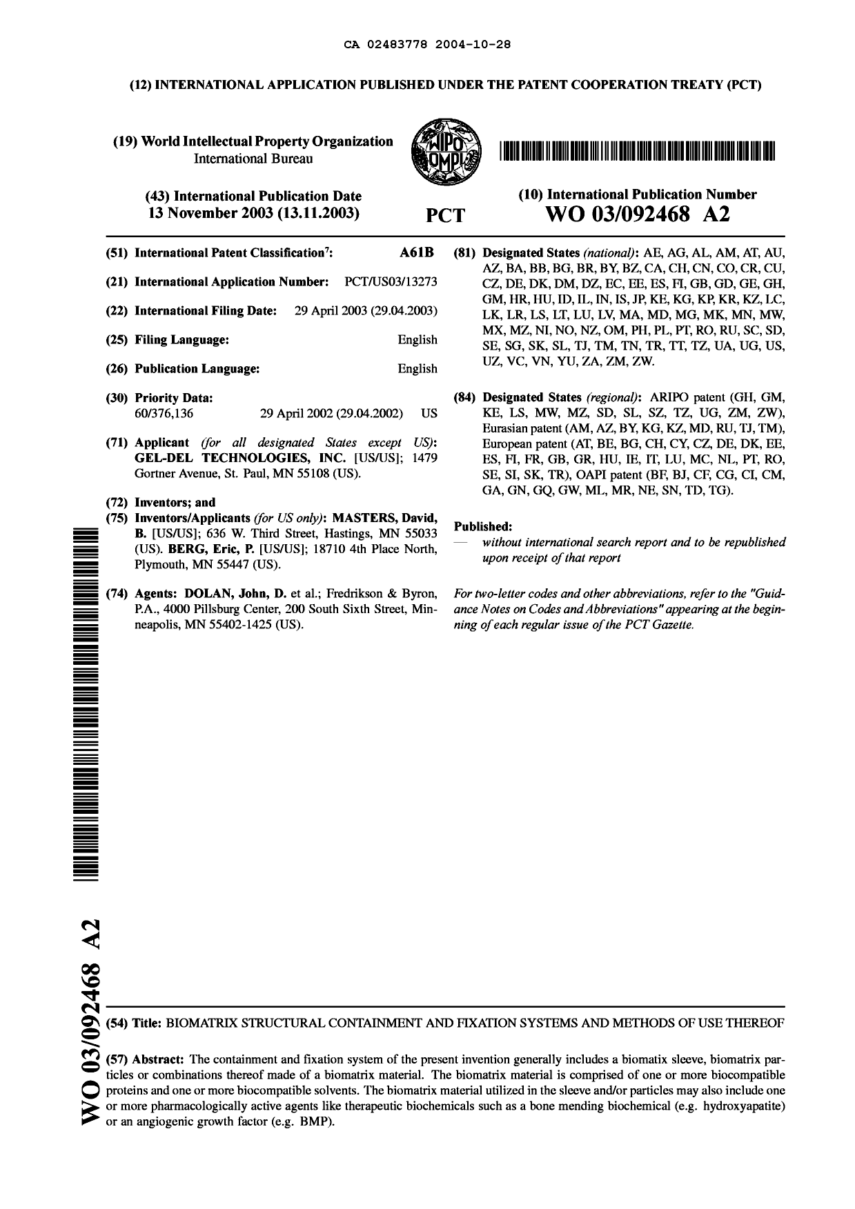 Document de brevet canadien 2483778. Abrégé 20031228. Image 1 de 1