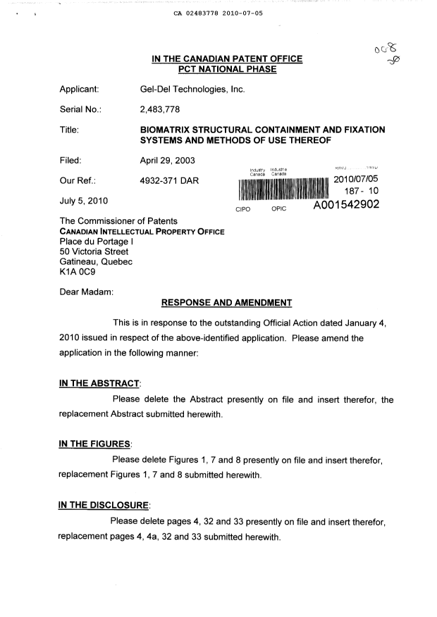 Canadian Patent Document 2483778. Prosecution-Amendment 20091205. Image 1 of 19