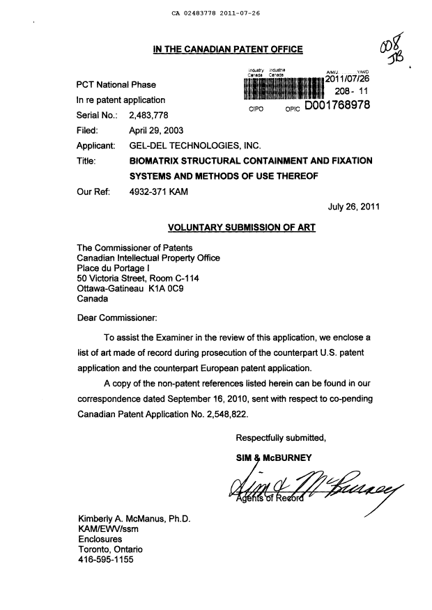 Canadian Patent Document 2483778. Prosecution-Amendment 20101226. Image 1 of 1