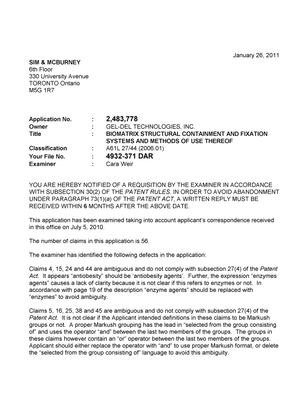 Canadian Patent Document 2483778. Prosecution-Amendment 20101226. Image 1 of 2