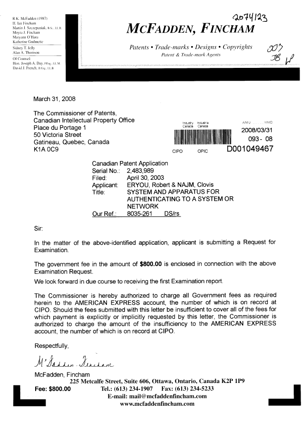 Canadian Patent Document 2483989. Prosecution-Amendment 20080331. Image 1 of 1