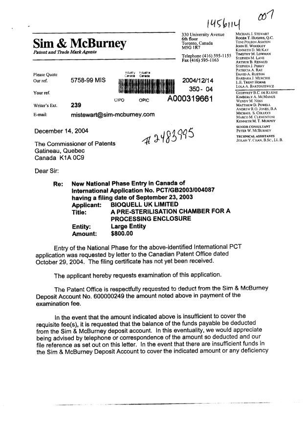 Canadian Patent Document 2483995. Prosecution-Amendment 20031214. Image 1 of 2