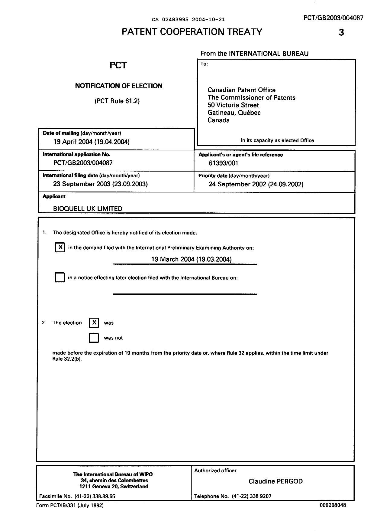 Document de brevet canadien 2483995. PCT 20031221. Image 1 de 5