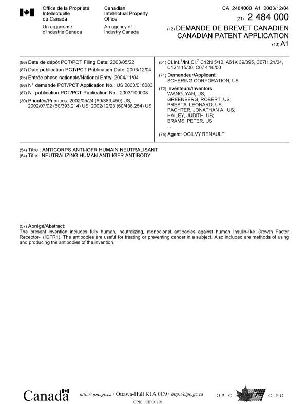 Document de brevet canadien 2484000. Page couverture 20050119. Image 1 de 2
