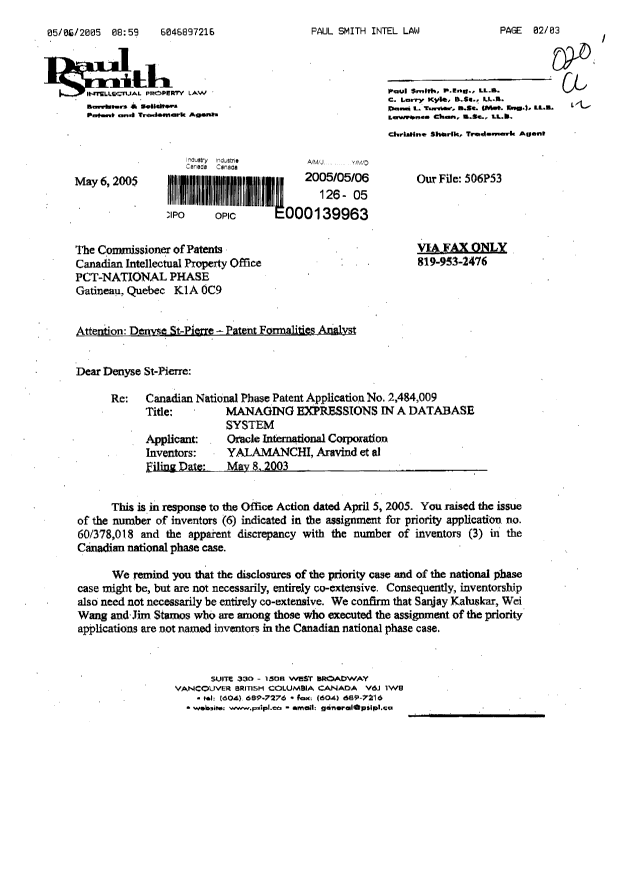 Document de brevet canadien 2484009. Correspondance 20050506. Image 1 de 2