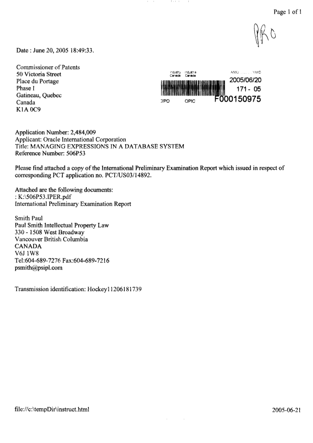 Document de brevet canadien 2484009. Poursuite-Amendment 20050620. Image 1 de 1