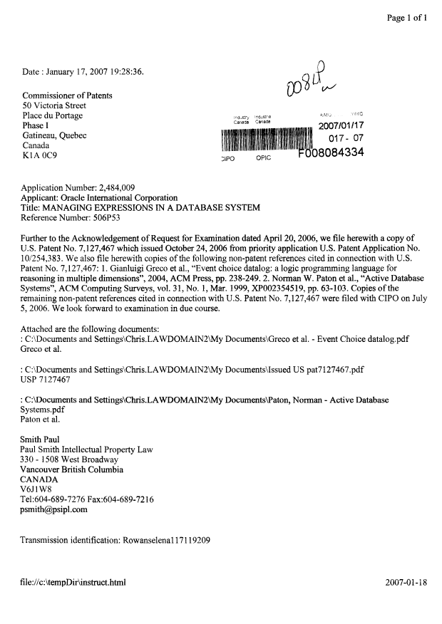 Document de brevet canadien 2484009. Poursuite-Amendment 20070117. Image 1 de 1