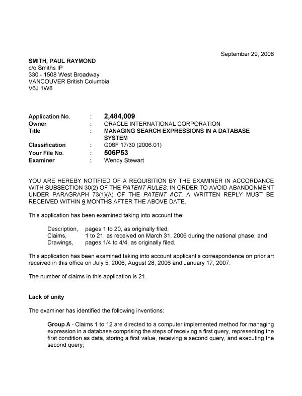 Document de brevet canadien 2484009. Poursuite-Amendment 20080929. Image 1 de 3
