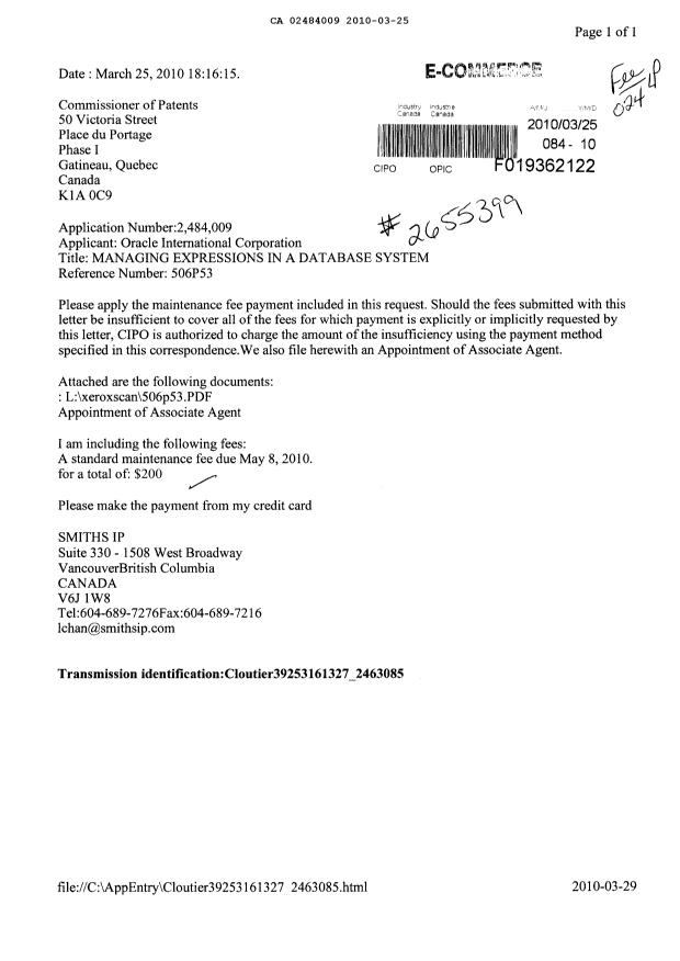 Document de brevet canadien 2484009. Correspondance 20100325. Image 1 de 2