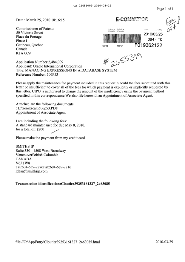 Document de brevet canadien 2484009. Taxes 20100325. Image 1 de 1