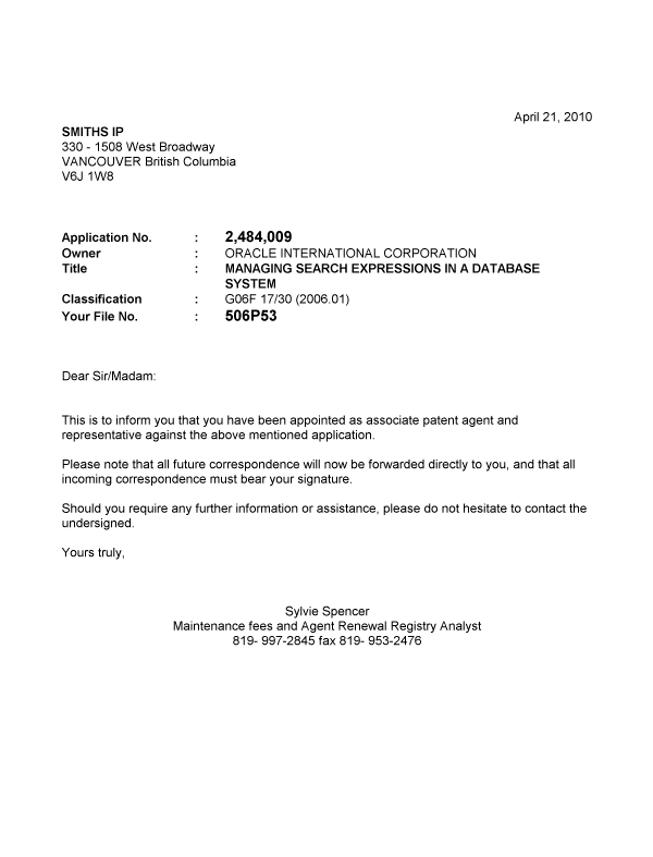 Document de brevet canadien 2484009. Correspondance 20100421. Image 1 de 1