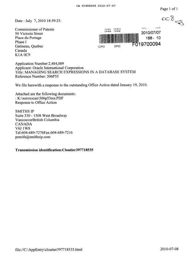 Document de brevet canadien 2484009. Poursuite-Amendment 20100707. Image 1 de 17