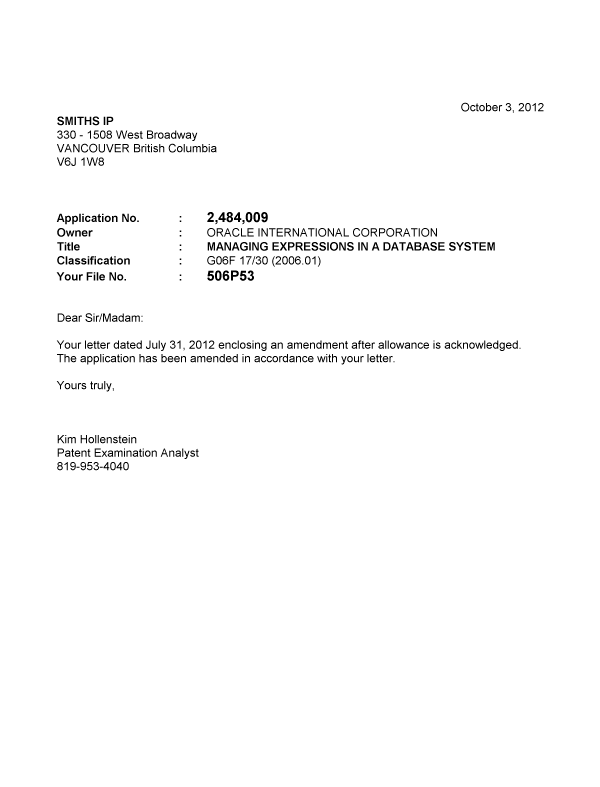 Document de brevet canadien 2484009. Poursuite-Amendment 20121003. Image 1 de 1