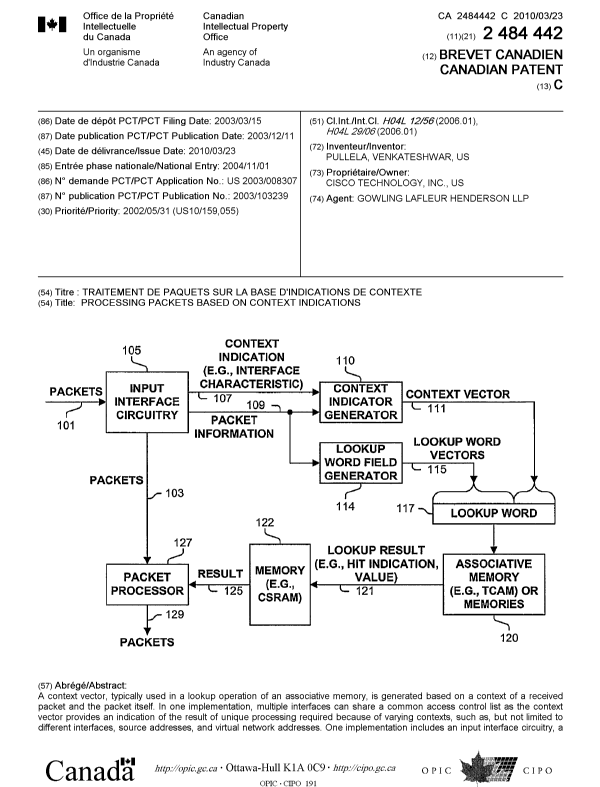 Document de brevet canadien 2484442. Page couverture 20100225. Image 1 de 2