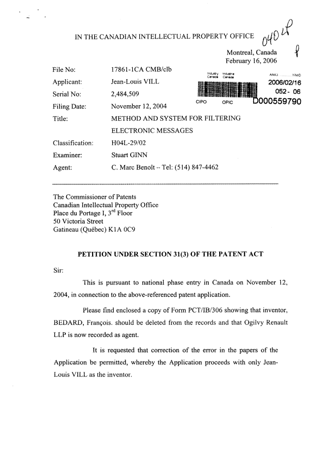 Document de brevet canadien 2484509. Correspondance 20051216. Image 1 de 4