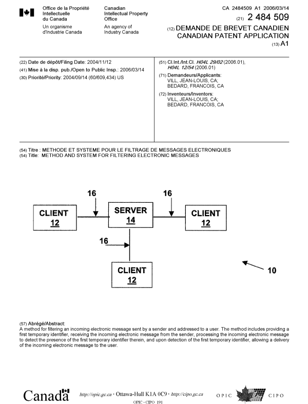 Document de brevet canadien 2484509. Page couverture 20051224. Image 1 de 1