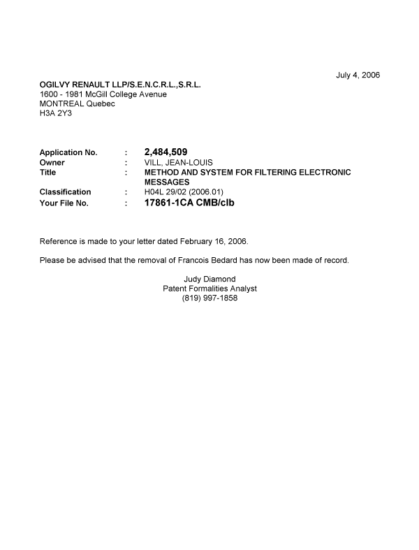 Document de brevet canadien 2484509. Correspondance 20051229. Image 1 de 1