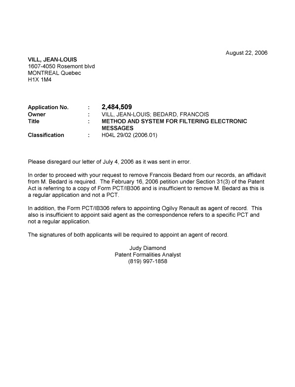 Document de brevet canadien 2484509. Correspondance 20060817. Image 1 de 1