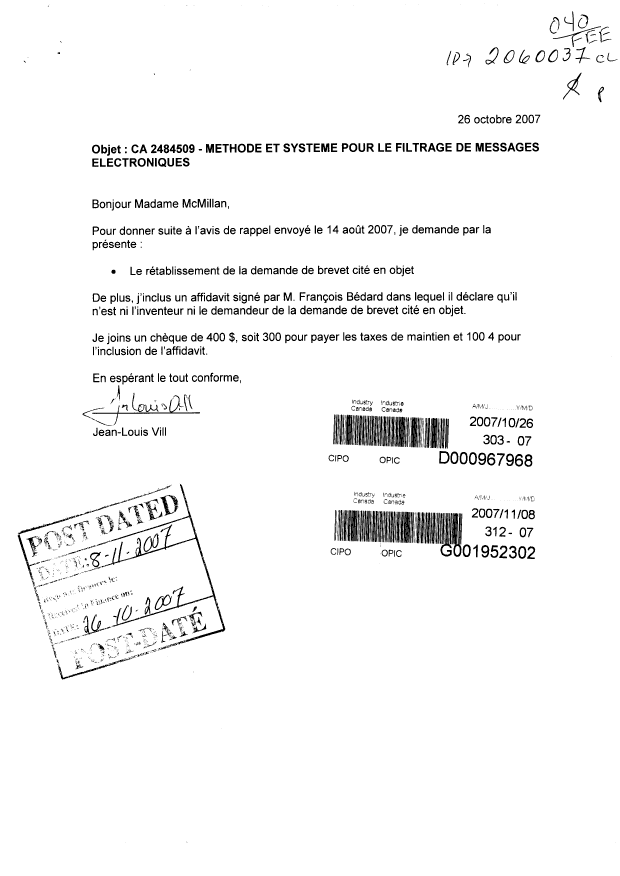 Document de brevet canadien 2484509. Correspondance 20061208. Image 1 de 2