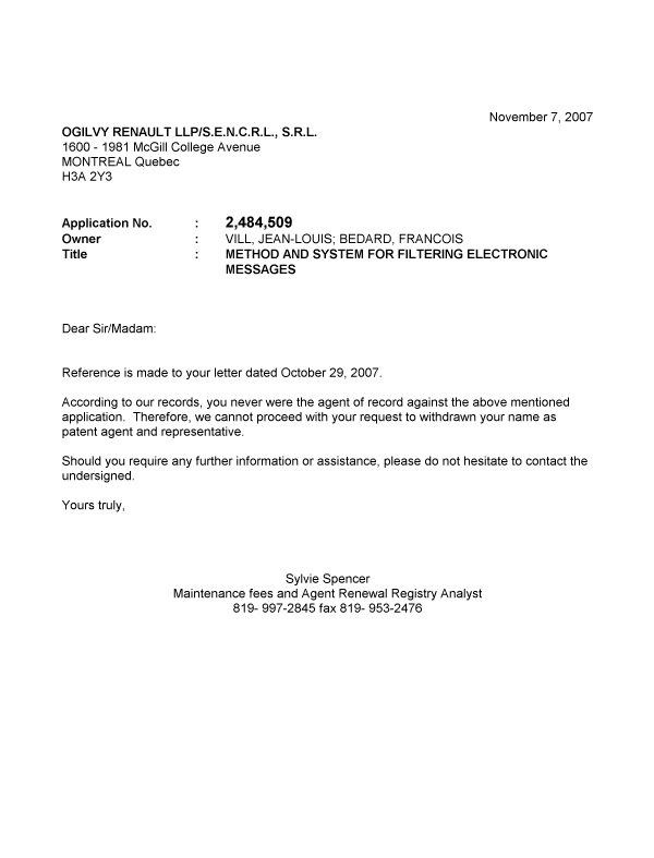 Canadian Patent Document 2484509. Correspondence 20071107. Image 1 of 1