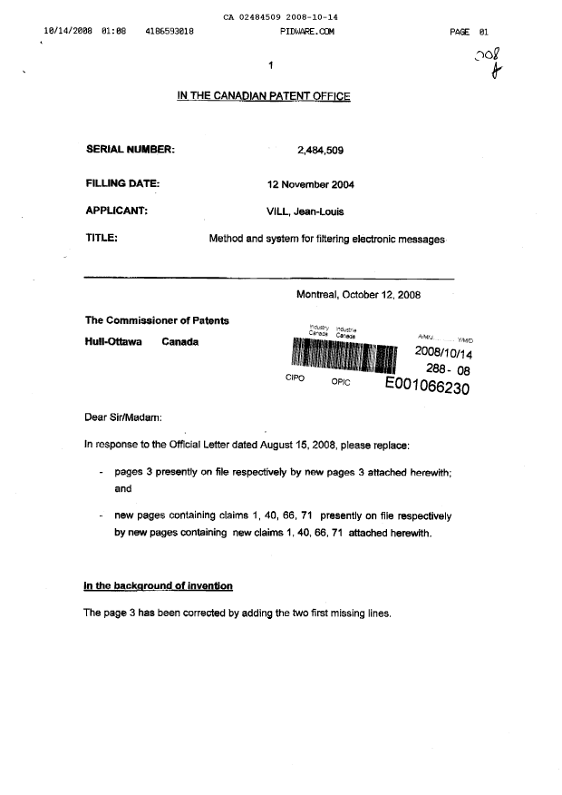 Document de brevet canadien 2484509. Poursuite-Amendment 20071214. Image 1 de 7