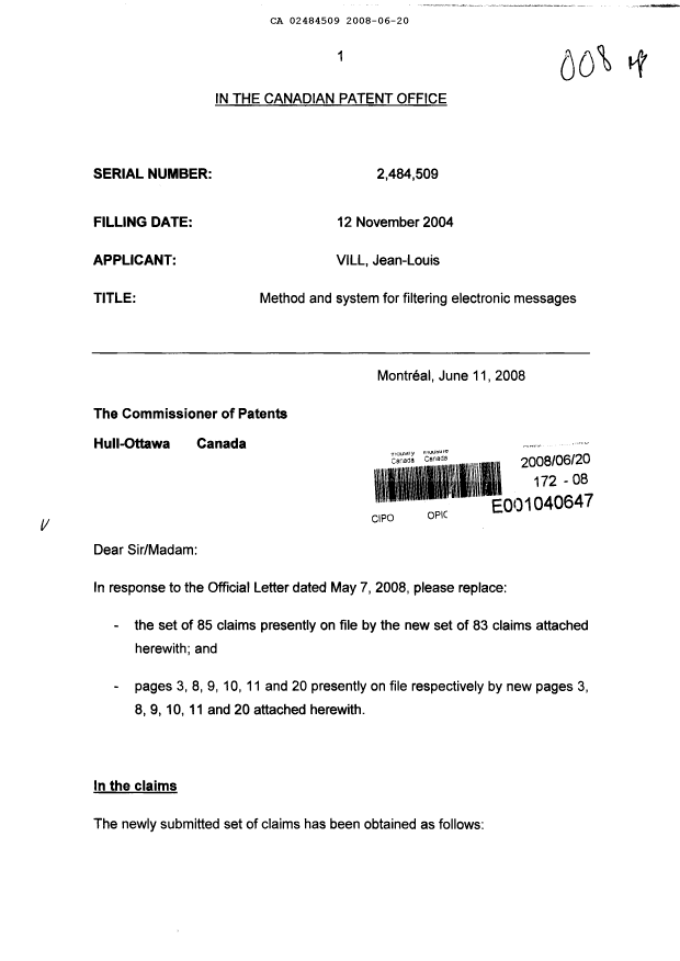 Document de brevet canadien 2484509. Poursuite-Amendment 20071220. Image 1 de 31