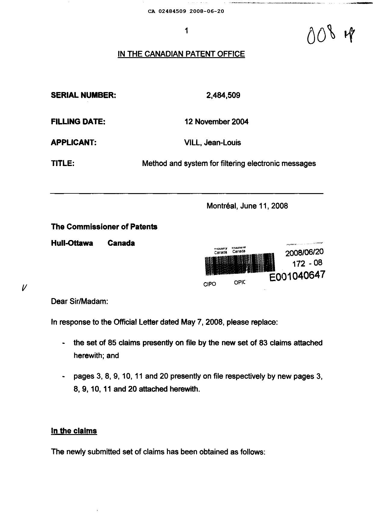 Canadian Patent Document 2484509. Prosecution-Amendment 20071220. Image 1 of 31