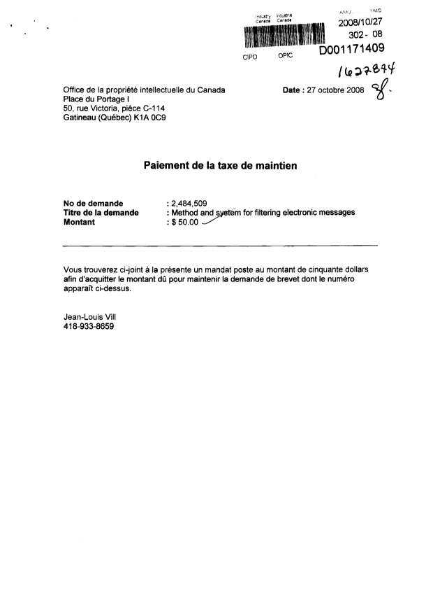 Document de brevet canadien 2484509. Taxes 20071227. Image 1 de 3