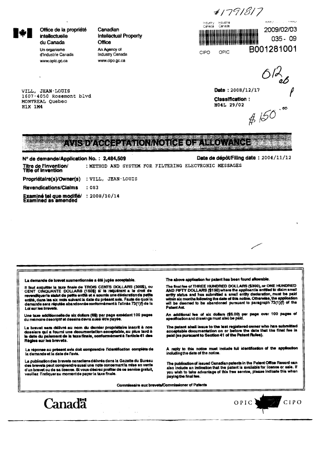 Document de brevet canadien 2484509. Correspondance 20090203. Image 1 de 1