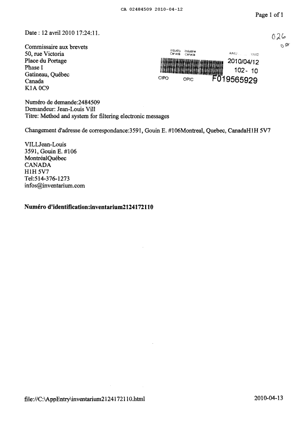 Document de brevet canadien 2484509. Correspondance 20091212. Image 1 de 1